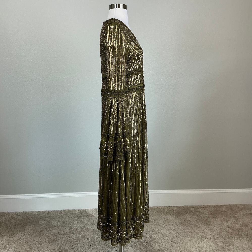 Mac Duggal 5591 Green Cocktail Dress Sequined Long Sleeve A-Line Midi Size 10 - Picture 4 of 13